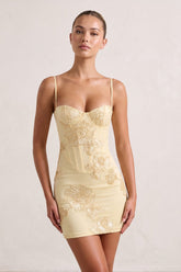 Yellow Spaghetti Straps Sheath Homecoming Dress With Floral Embroidery