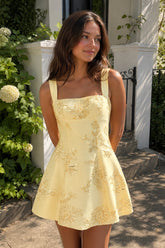 Yellow Square Neck Embroidered Flower Lace A-Line Homecoming Dress