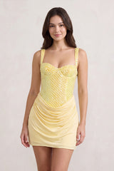 Yellow Sweetheart Sheath Ruched Linen Homecoming Dress with Pearl