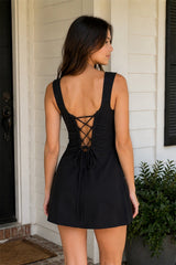 Black Square Neck A-Line Satin Homecoming Dress With Lace-Up Back