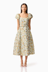 Tasmin Puff Sleeve Midi Dress in Blue & Yellow Floral