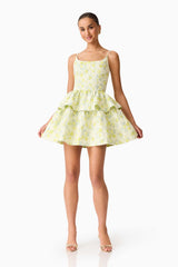 Posey Jacquard Mini Dress in Green Floral