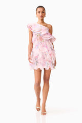 Millie One Shoulder Mini Dress in Pink Floral