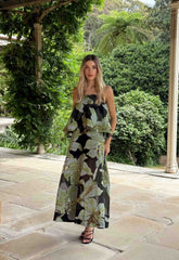 Elysia Tiered Gown in Black & Green Floral