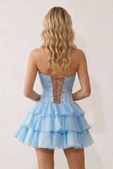 Sky Blue 3D-Flower Sweetheart Cut-Out Ruffled A-Line Satin Homecoming Dress