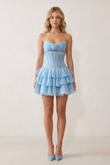 Sky Blue 3D-Flower Sweetheart Cut-Out Ruffled A-Line Satin Homecoming Dress