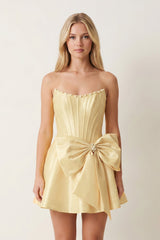 Yellow Satin Strapless A-Line Corset Pearl Homecoming Dress With Bowknot