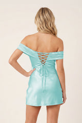 Aqua Off-the-Shoulder Satin Sheath Homecoming Dress