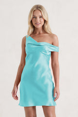 Aqua One-Shoulder Satin Ruched Sheath Homecoming Dress
