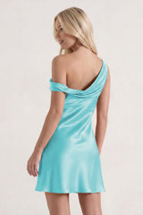 Aqua One-Shoulder Satin Ruched Sheath Homecoming Dress