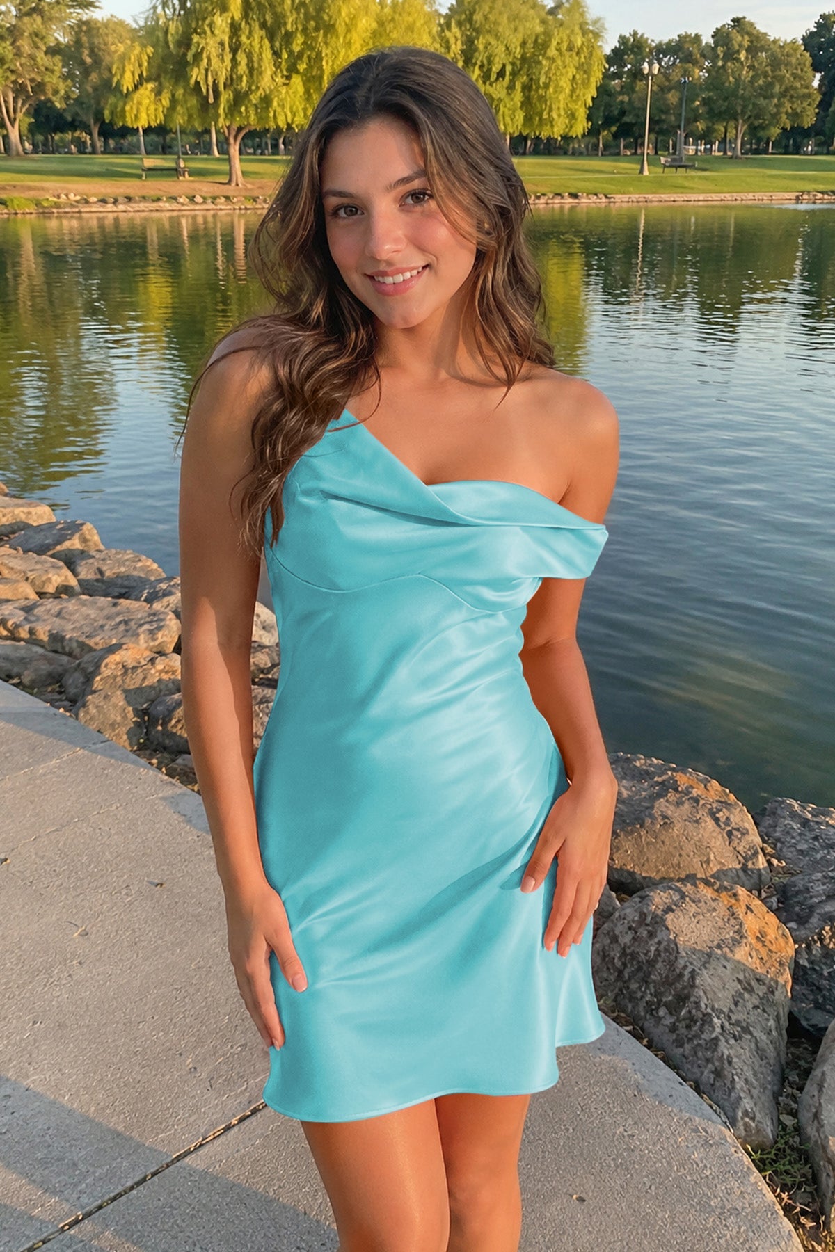 Aqua One-Shoulder Satin Ruched Sheath Homecoming Dress