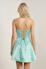 Aqua Satin A-Line Strapless Pearl Short Homecoming Dress