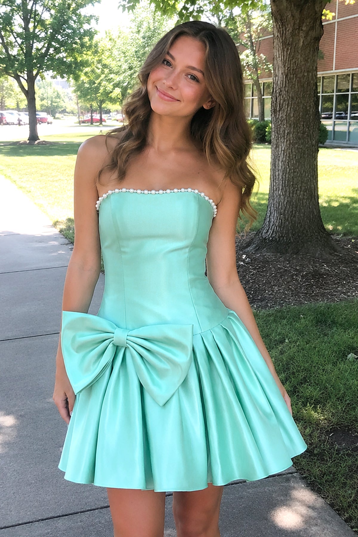 Aqua Strapless A-Line Satin Ruched Bow Homecoming Dress With Pearl