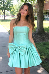 Aqua Strapless A-Line Satin Ruched Bow Homecoming Dress With Pearl