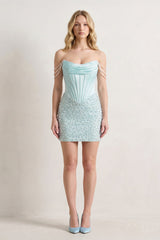 Aqua Off-the-Shoulder Satin Sheath Corset Homecoming Dress With Pearl