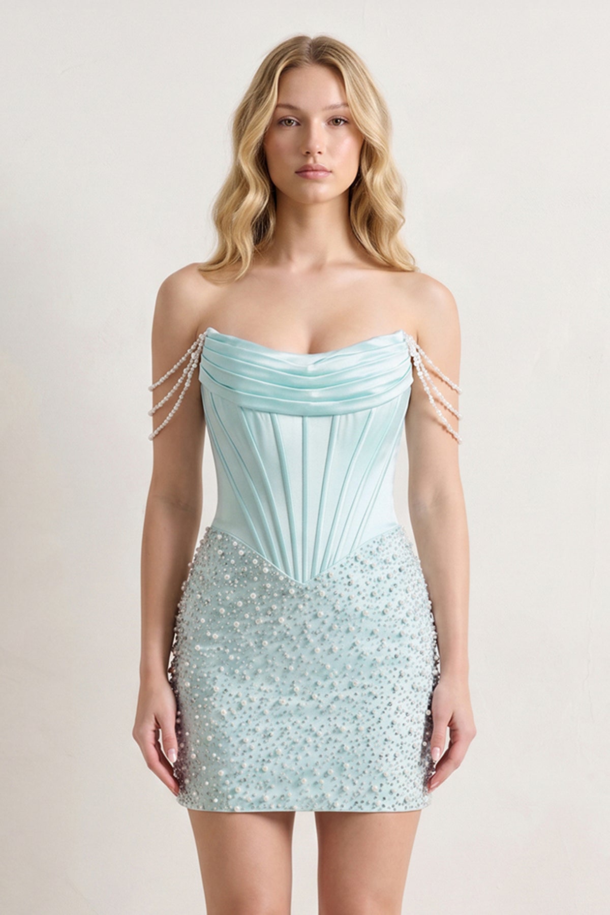 Aqua Off-the-Shoulder Satin Sheath Corset Homecoming Dress With Pearl