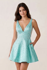 V-Neck A-Line Satin Homecoming Dress With Pearl