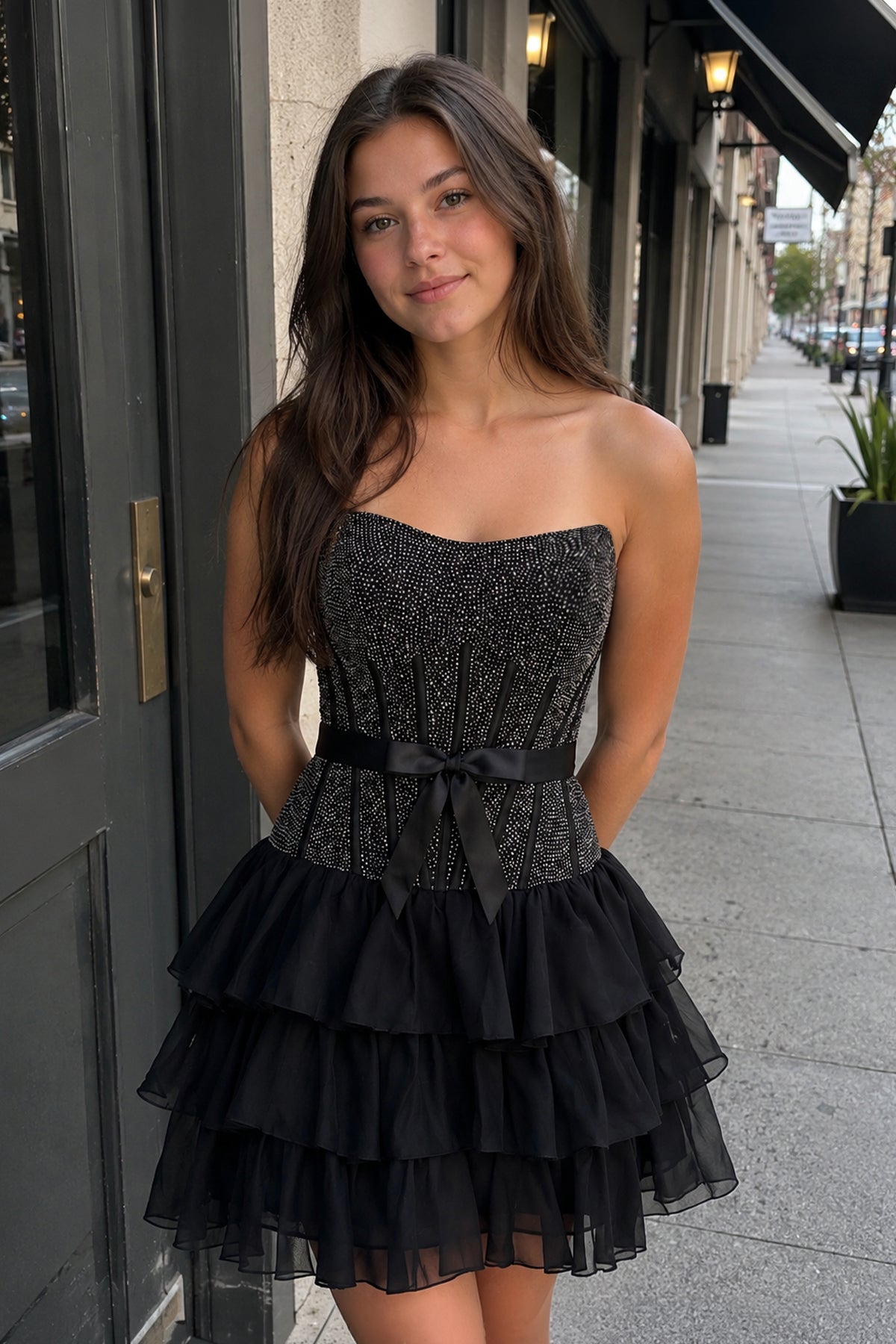 Black Beaded Corset Strapless Ruffled A-Line Homecoming Dress