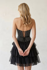 Black Beaded Corset Strapless Ruffled A-Line Homecoming Dress