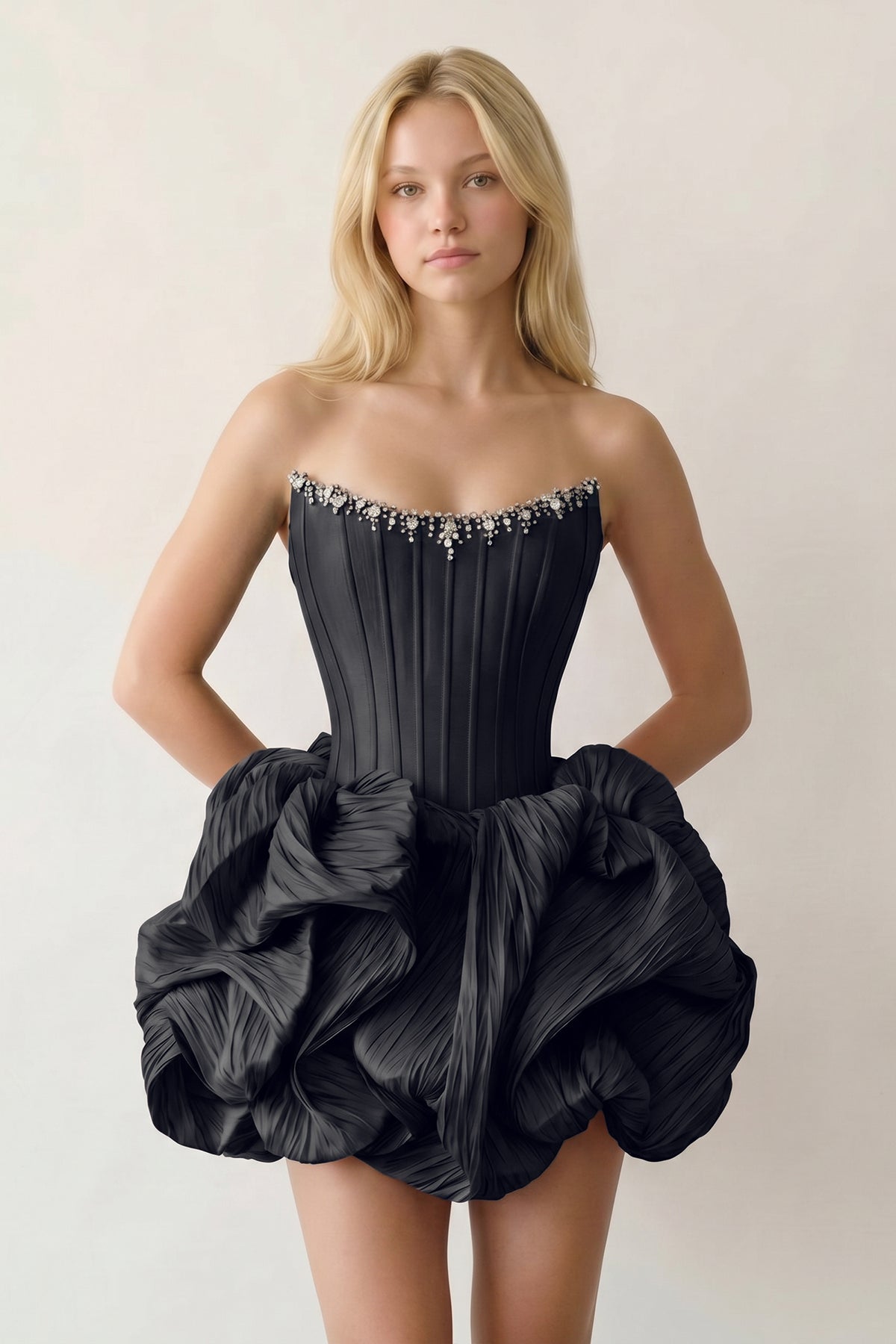 Black Bubble Hem Strapless Basque Waist Homecoming Dress With Beading