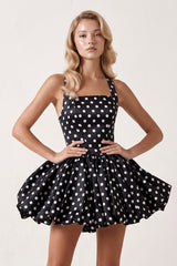 Pink Polka Dots Halter Satin Bubble Hem A-Line Homecoming Dress