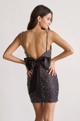 Black Scoop Neck Sheath Satin Beaded Homecoming Dress