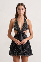 Black Sparkly Cut-Out Halter A-Line Chiffon Bow Homecoming Dress With Pearl