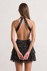 Black Sparkly Cut-Out Halter A-Line Chiffon Bow Homecoming Dress With Pearl