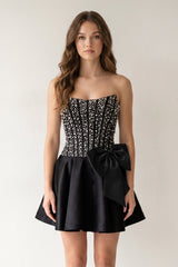Black Sparkly Strapless A-Line Satin Corset Mini Homecoming Dress With Pearl