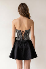 Black Sparkly Strapless A-Line Satin Corset Mini Homecoming Dress With Pearl