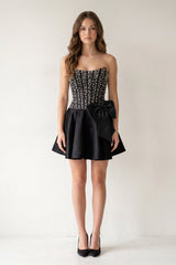 Black Sparkly Strapless A-Line Satin Corset Mini Homecoming Dress With Pearl