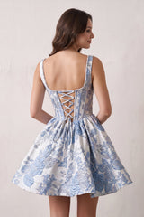 Blue A-Line Square Neck Jacquard Corset Homecoming Dress With Pearl