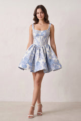 Blue A-Line Square Neck Jacquard Corset Homecoming Dress With Pearl