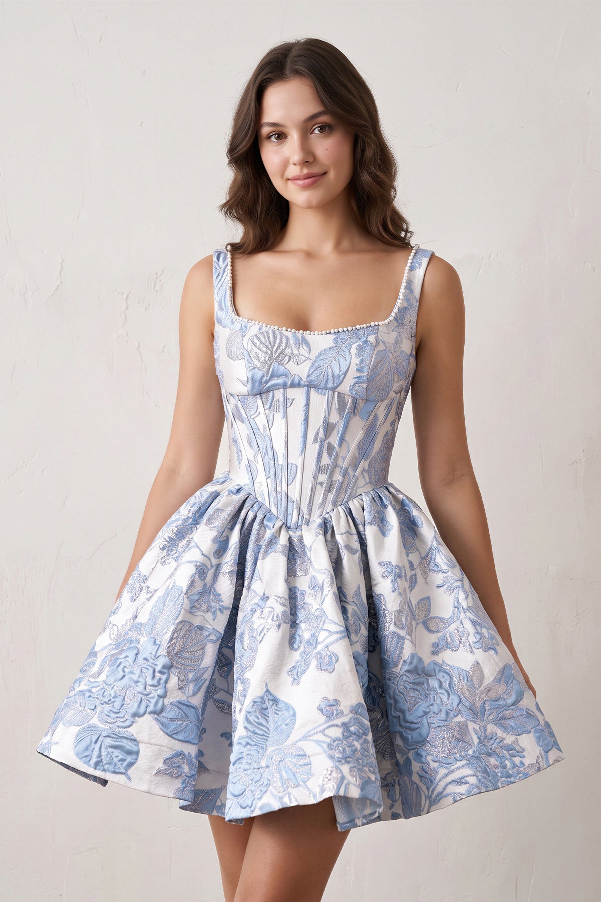 Blue A-Line Square Neck Jacquard Corset Homecoming Dress With Pearl