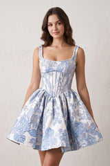 Blue A-Line Square Neck Jacquard Corset Homecoming Dress With Pearl