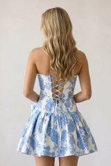 Blue Flower Jacquard Strapless A-Line Bowknot Homecoming Dress With Pearl
