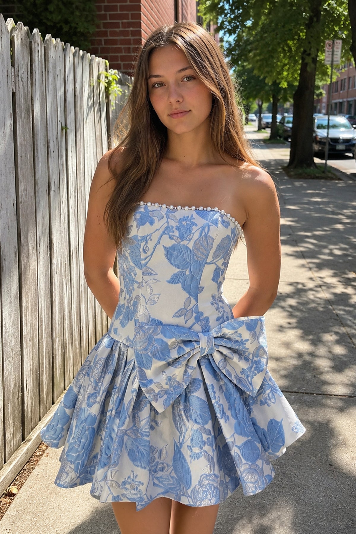 Blue Flower Jacquard Strapless A-Line Bowknot Homecoming Dress With Pearl