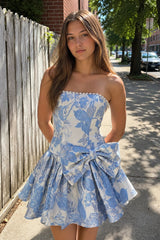 Blue Flower Jacquard Strapless A-Line Bowknot Homecoming Dress With Pearl