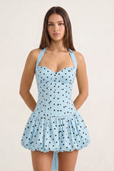 Yellow Halter A-Line Satin Polka Dots Bubble Hem Homecoming Dress