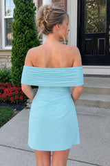Aqua Off the Shoulder Sheath Ruched Tulle Homecoming Dress