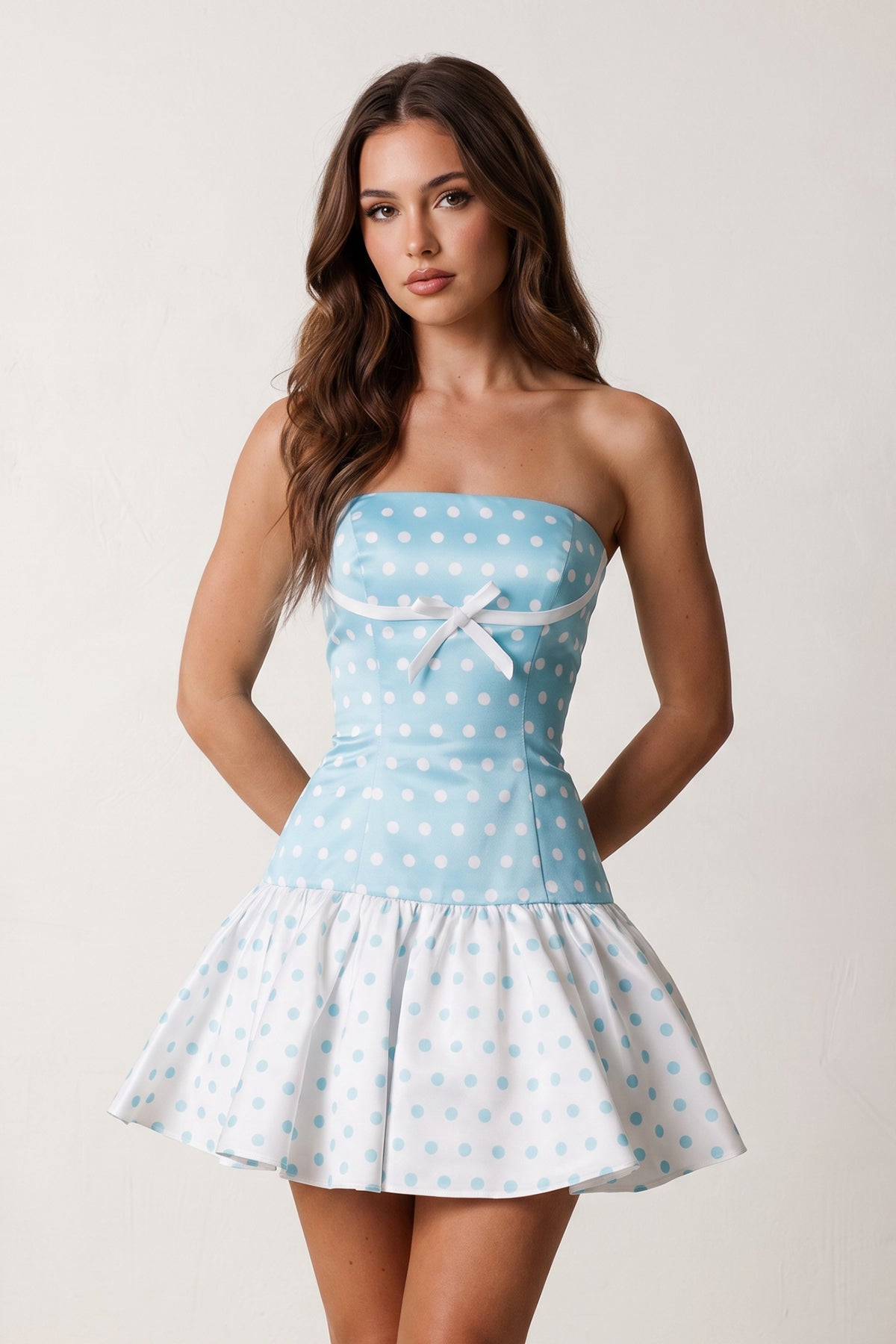 Blue Polka Dots Strapless A-Line Satin Homecoming Dress With Bow