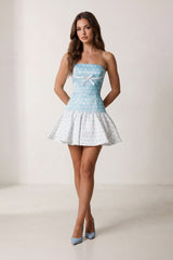 Blue Polka Dots Strapless A-Line Satin Homecoming Dress With Bow