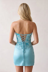 Blue Strapless Embroidered Satin Sheath Ruched Homecoming Dress