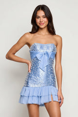 Blue Strapless Metallic Satin Ruffled A-Line Homecoming Dress With Pearl and Bow