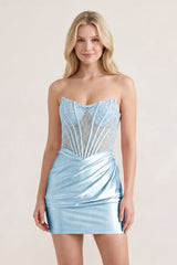Pink Sweetheart Sheath Satin Corset Ruched Homecoming Dress With Beading