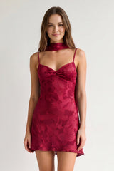 Red Jacquard Chiffon Cami Straps Sheath Homecoming Dress with Scarf