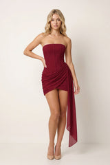 Strapless Basque Waist Sheath Ruched Chiffon Homecoming Dress With Ribbon