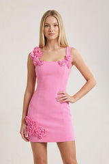 Candy Pink 3D Flower Square Neck Sheath Satin Homecoming Dress