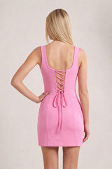 Candy Pink 3D Flower Square Neck Sheath Satin Homecoming Dress