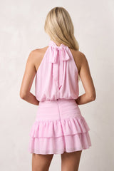 Candy Pink Halter Chiffon Tiered Ruffled A-Line Homecoming Dress
